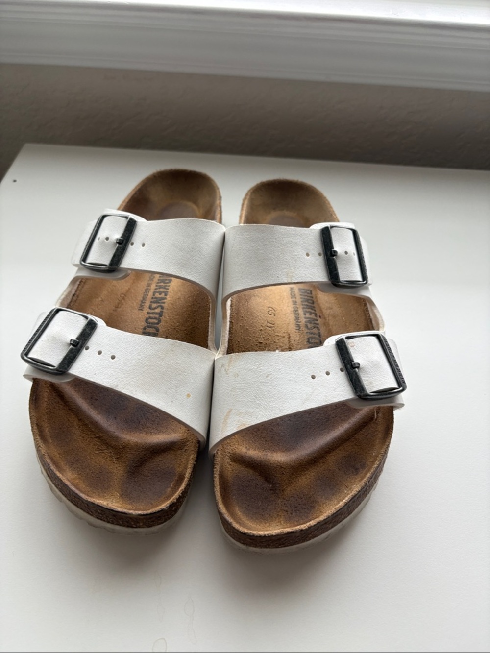 Birkenstock White Double-Strap Sandals with Silver Buckles